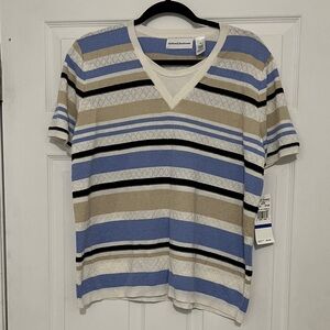New!Alfred Dunner Men's V-Neck Striped Shirt - Blue, Beige, and Black